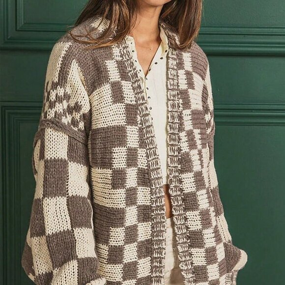 Brown Casual Women's Open Front Mixed Checkered Pattern Knit Cardigan - Picture 4 of 6